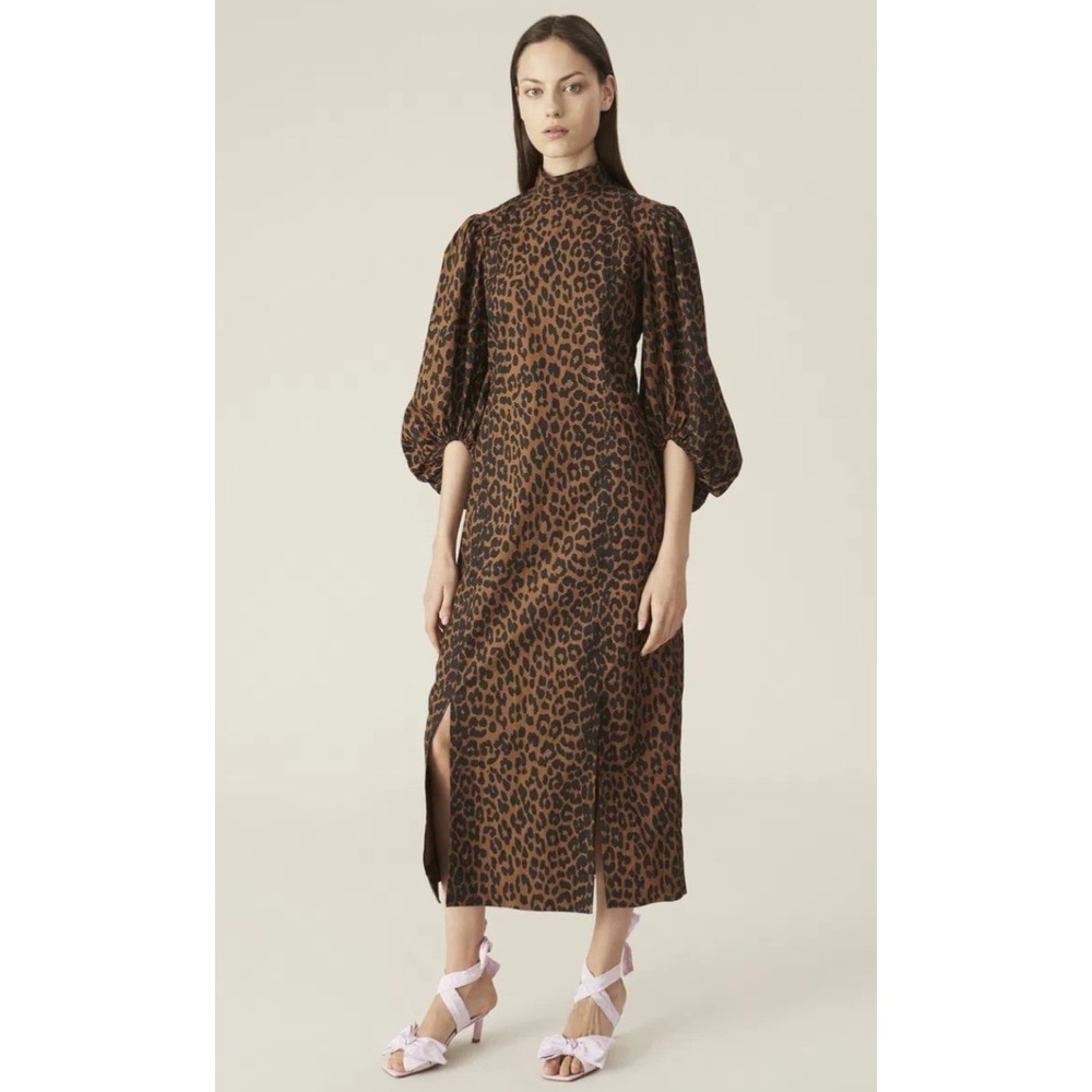 NEW GANNI Leopard Print Organic Cotton Puff Sleeve Midi Dress Toffee Size 34